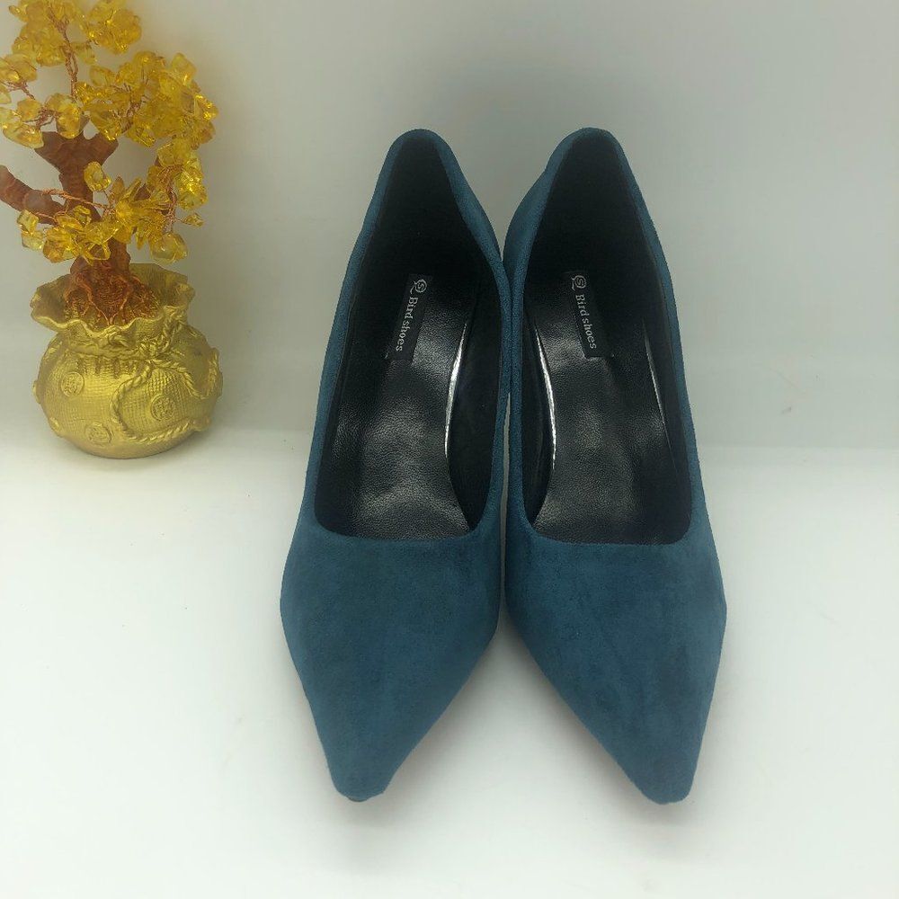 Blue Women Mid Heel Pumps Pointed Toe Dress Shoes